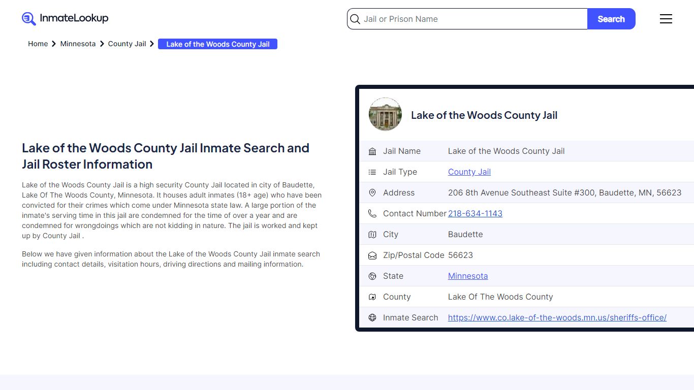 Lake of the Woods County Jail Inmate Search - Inmate Lookup